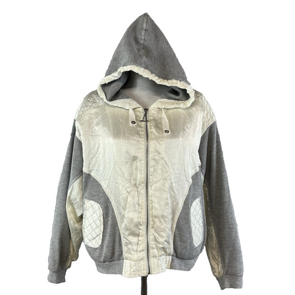 East West Vintage Puffy Ski Jacket Windbreaker Coat w/ Hood sz Large Gray Beige - Picture 1 of 14